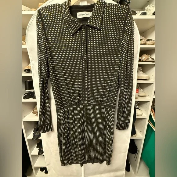 Self-Portrait Black Studded, Embellished Long Sleeve mini dress - size 6 - Picture 2 of 10